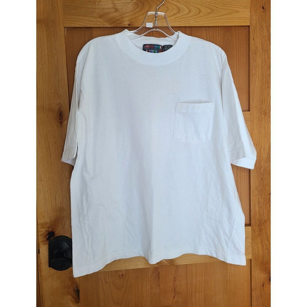 Vtg Mens Paris Sport Club Blokecore Minimalist 100% Cotton‎ White LARGE Shirt